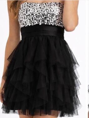 Deb Strapless Black Tulle Dress with Silver Sequined Bodice